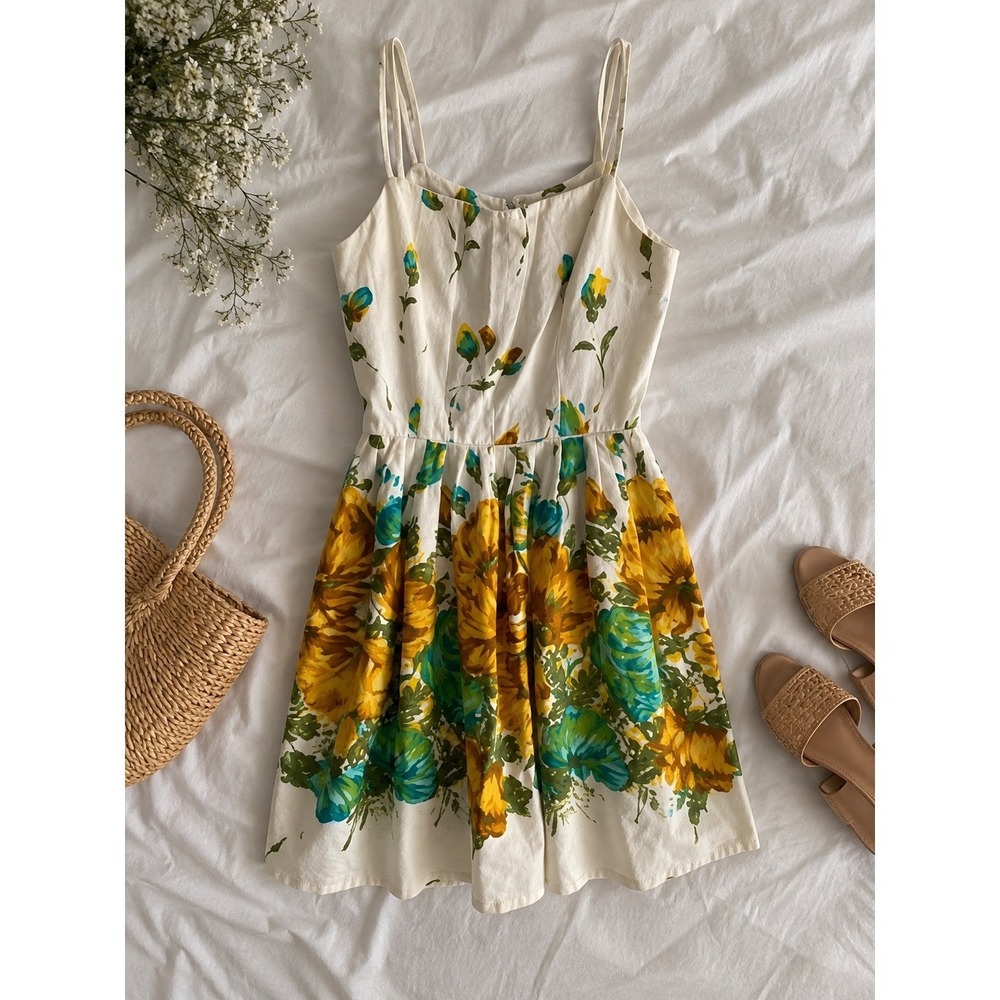Vintage 1950s Handmade Floral Pique Cotton Sundress Yellow Green XS 50s Flare